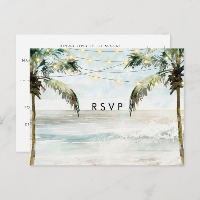 Palm trees boho beach wedding rsvp postcard (Front/Back)
