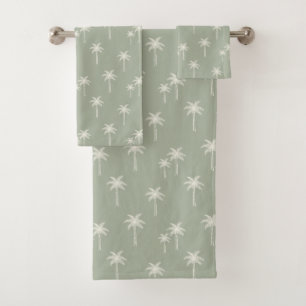 Palm Trees Boho Coastal Farmhouse Muted Sage Green Bath Towel Set
