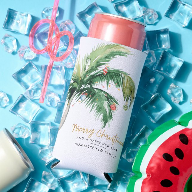 Palm Trees Christmas Holidays Coastal Family Party Seltzer Can Cooler (In Situ Summer)