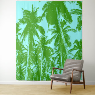 Palm Trees Design Green & Blue Posterised Effect Tapestry