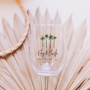 Palm Trees Destination Wedding Favour Stemless Wine Glass