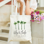 Palm Trees Destination Wedding Welcome Tote Bag<br><div class="desc">Welcome guests to your destination wedding with these chic and modern personalised tote bags. Design features four green palm tree illustrations with your names beneath in handwritten script lettering. Personalise with your wedding destination beneath (shown with Laguna Beach) in classic serif lettering, as well as the year. We love it...</div>