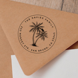 Palm Trees & Family Name Round Return Address Self-inking Stamp