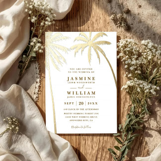 Palm Trees Golden Elegant Modern QR Code Wedding Invitation