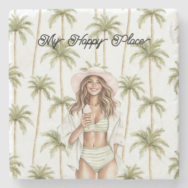 Palm Trees Happy Place Brown Hair Bathing Suit Stone Coaster (Front)