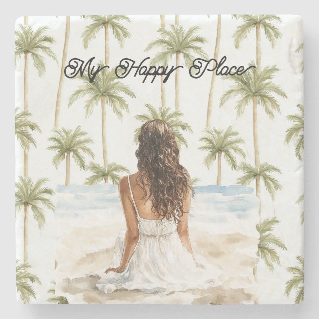 Palm Trees Happy Place Brown Hair Lady Dress Stone Coaster (Front)