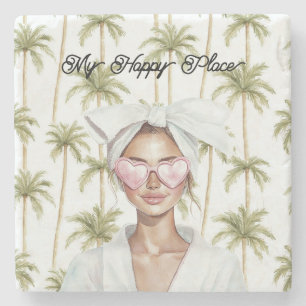 Palm Trees Happy Place Pink Heart Glasses Lady Stone Coaster