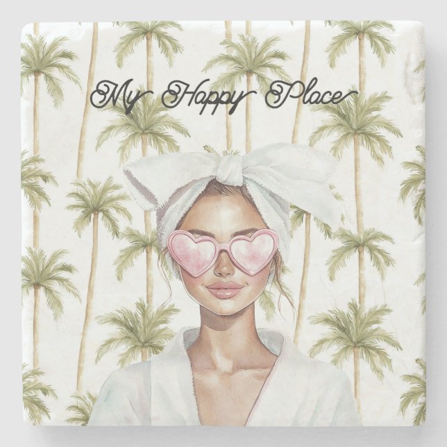 Palm Trees Happy Place Pink Heart Glasses Lady Stone Coaster (Front)