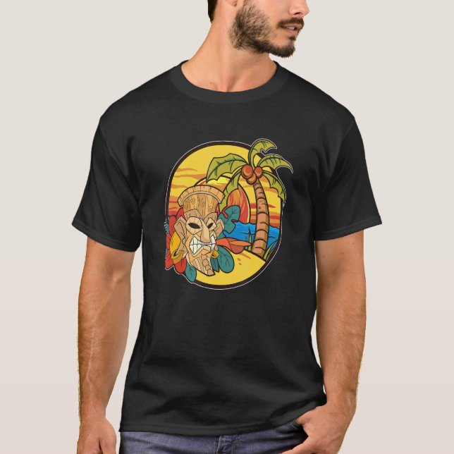 Palm Trees Hawaiian Tiki Mask Totem Luau Party Sun T-Shirt (Front)