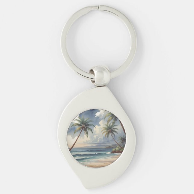 Palm Trees Hawaiian Travel Honolulu Blue Sea Key Ring (Front)
