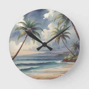 Palm Trees Hawaiian Travel Honolulu Blue Sea Round Clock