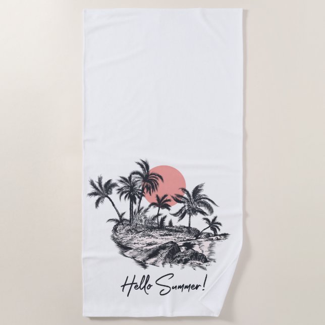 Palm Trees Hello Summer  Beach Towel (Front)