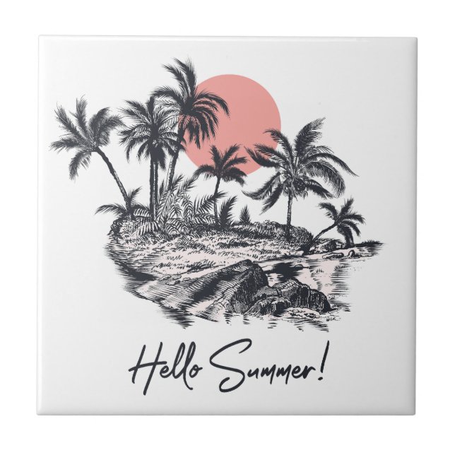 Palm Trees Hello Summer  Ceramic Tile (Front)