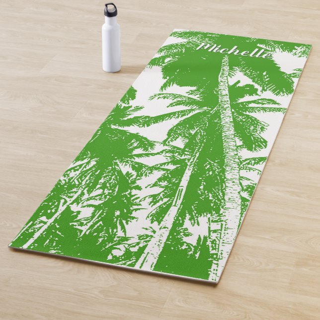 Palm Trees in a Green and White Posterised Design Yoga Mat (In Situ)