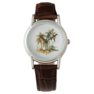 Palm trees in green and yellow watercolor tropics watch