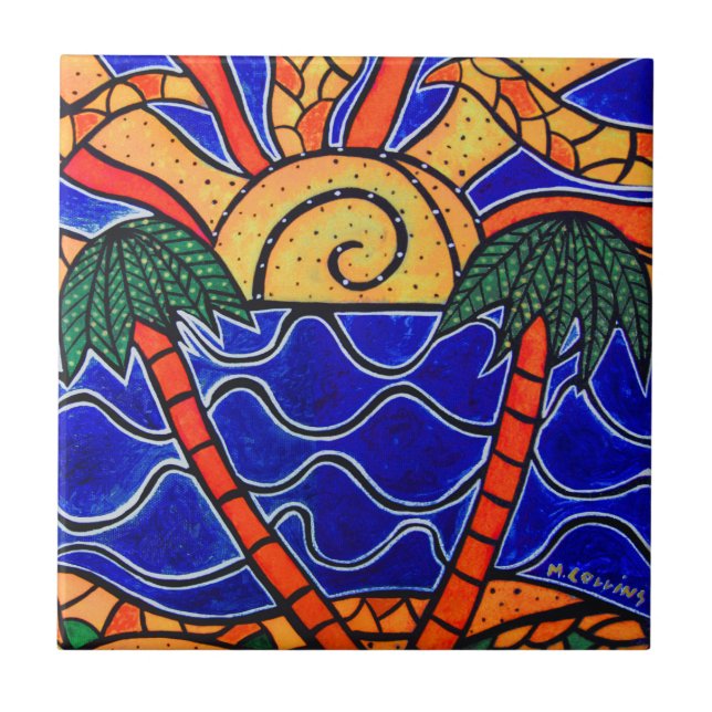 Palm Trees In Sunset Tropical Tile Beach Art (Front)