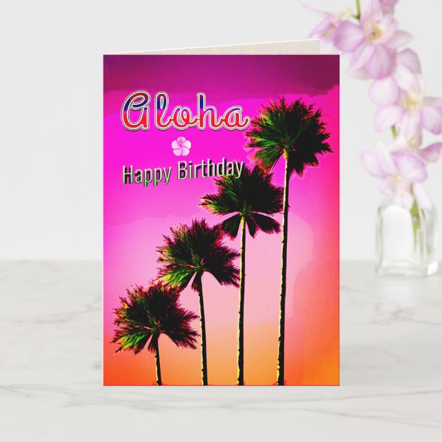 Palm Trees in the Sunset Birthday Card (Orchid)