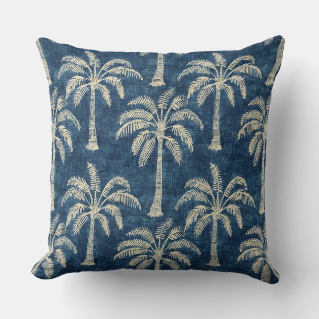Palm Trees Indigo Blue & Cream Throw Pillow (Front)