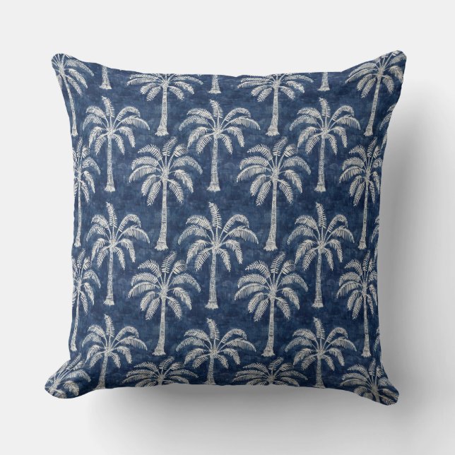 Palm Trees Indigo Blue Throw Pillow - Double-Sided (Front)