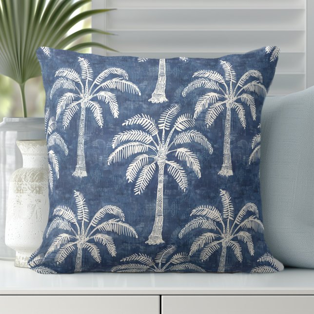 Palm Trees Indigo Blue Throw Pillow - Double-Sided (Add a luxury tropical palm tree throw pillow is double-sided. This is the front side of the pillow.)