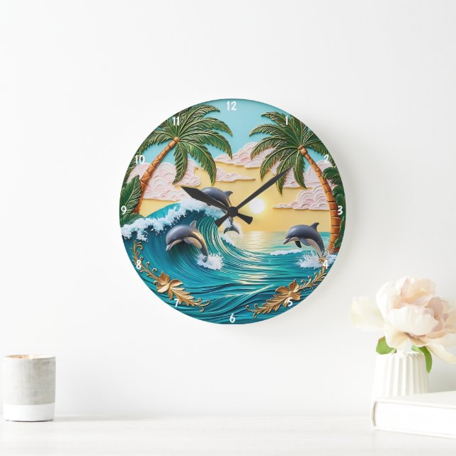 Palm Trees, Jumping Dolphins, and Ocean Sunset Large Clock (Home)