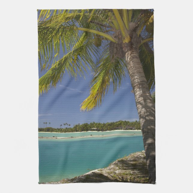 Palm trees & lagoon, Musket Cove Island Resort Tea Towel (Vertical)