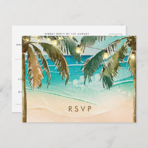 Palm trees lights beach wedding rsvp postcard