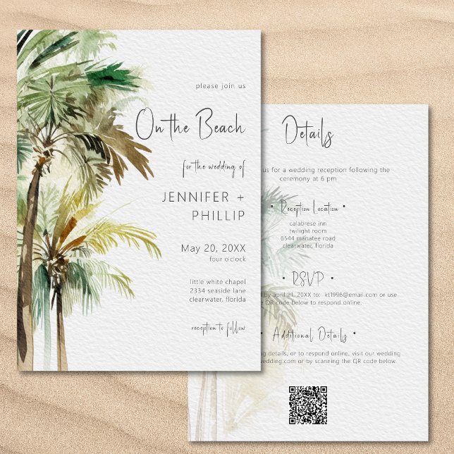 Palm Trees Modern On the Beach Wedding Two Sided Invitation (Palm Trees Modern On the Beach Wedding Two Sided Invitation)