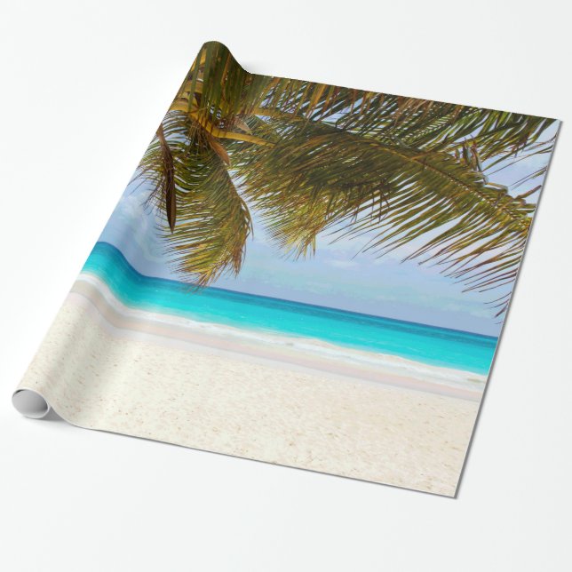 Palm Trees on Beach Blue Sea & Sky Wrapping Paper (Unrolled)
