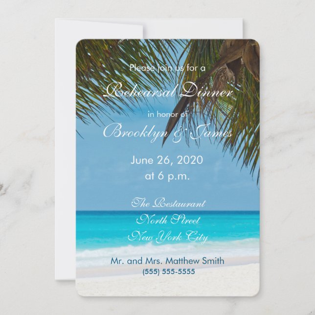 Palm Trees On Beach Wedding Rehearsal Invitations (Front)