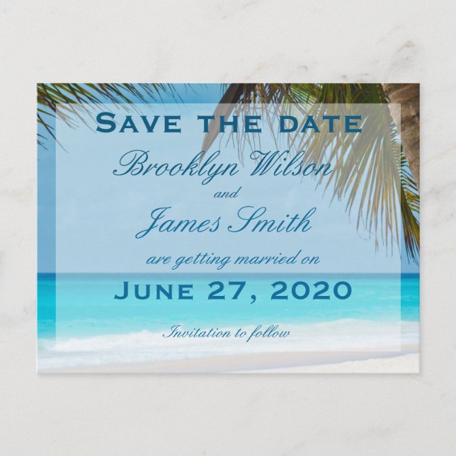 Palm Trees On Beach Wedding Save The Date Postcard (Front)