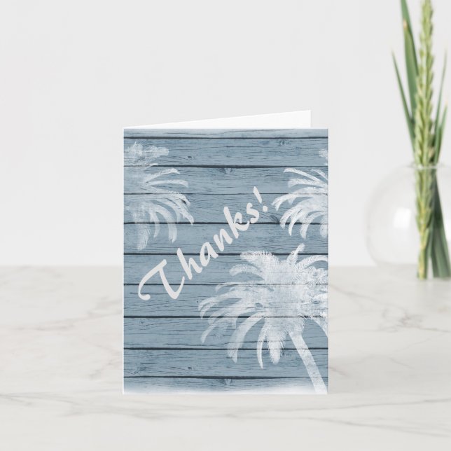 Palm Trees on Rustic Wood Thanks! Beach Thank You Card (Front)