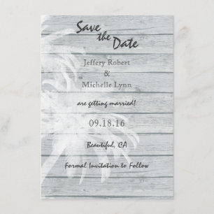 Palm Trees on Wood Beach Wedding Save the Date Invitation