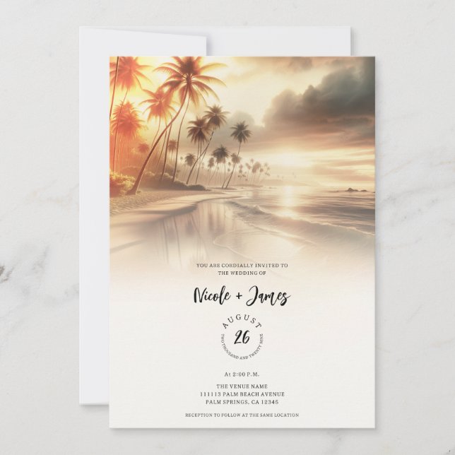 Palm Trees & Orange Sunset Beach Wedding Invitation (Front)