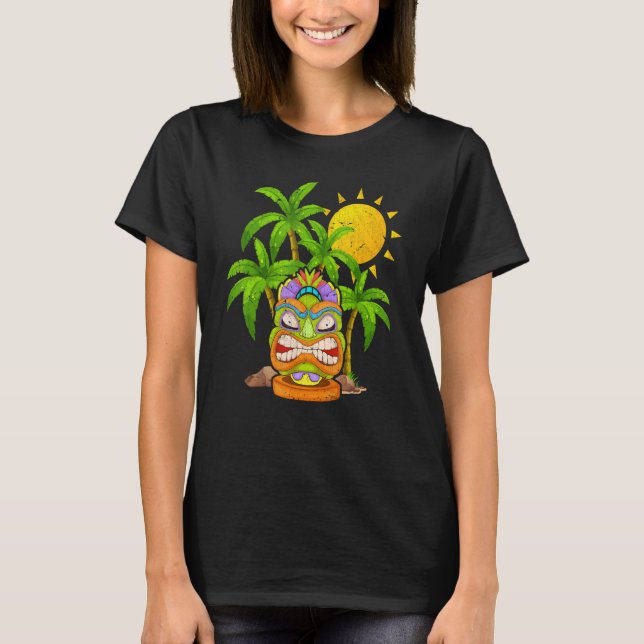 Palm Trees Polynesian Tiki Mask Hawaiian Statue To T-Shirt (Front)