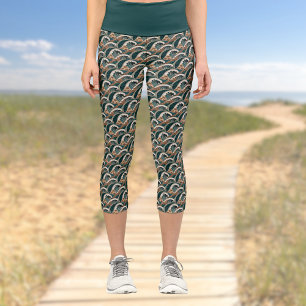Palm Trees Polynesian Waves Vintage Beach Green Capri Leggings