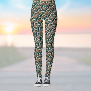Palm Trees Polynesian Waves Vintage Beach Green Leggings