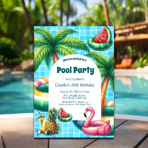 Palm Trees Pool Party Flamingo Birthday Invitation