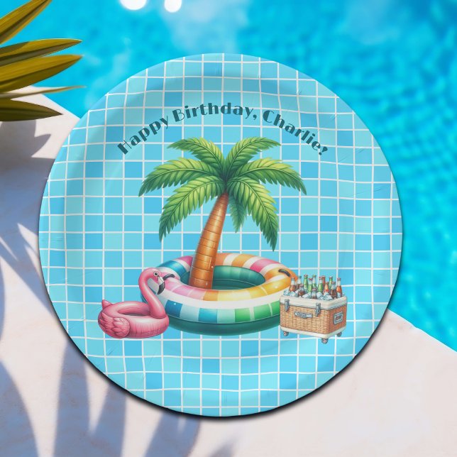 Palm Trees Pool Party Flamingo Birthday Party Paper Plate (Creator Uploaded)