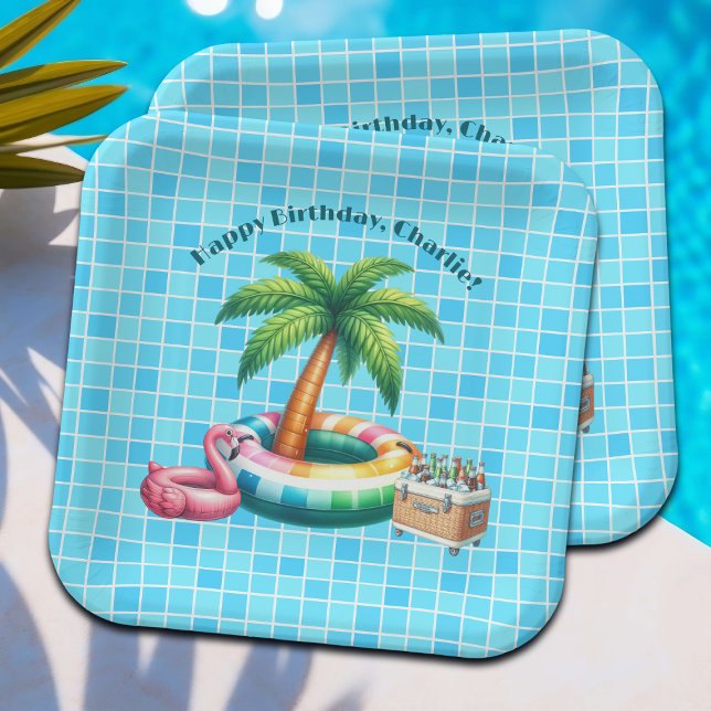 Palm Trees Pool Party Flamingo Birthday Party Paper Plate (Creator Uploaded)