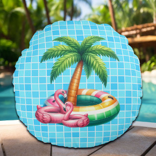 Palm Trees Pool Party Flamingo Round Cushion