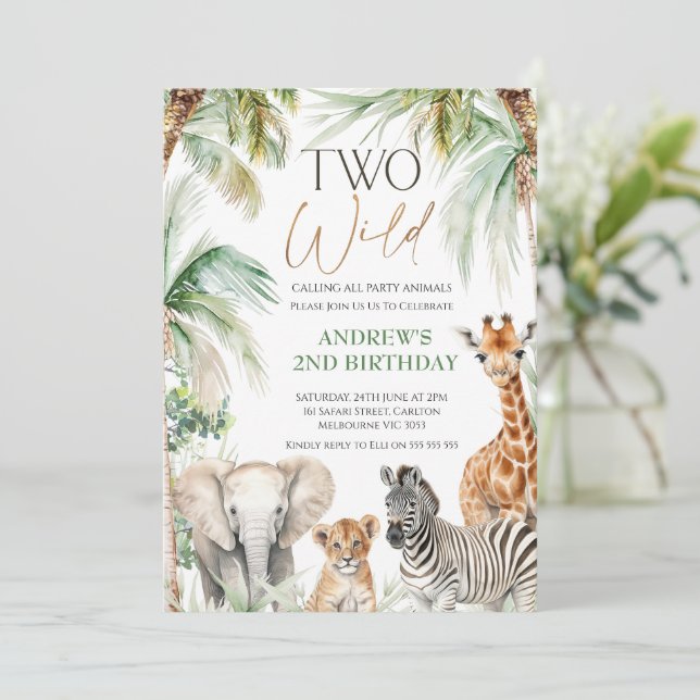 Palm Trees Safari Animals Two Wild 2nd Birthday Invitation (Standing Front)