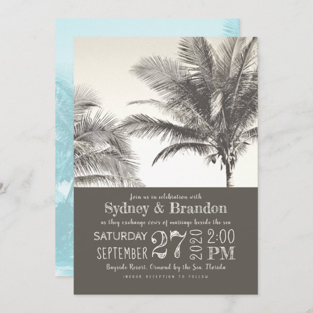 Palm Trees Sepia Typography Wedding Invitation (Front/Back)