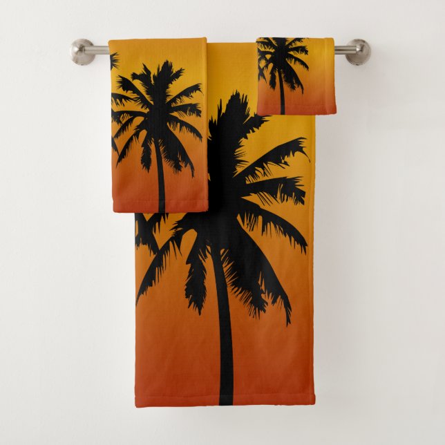 Palm Trees Silhouette In Orange Sunset Bath Towel Set (Insitu)