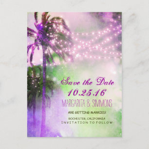 palm trees string lights beach save the date announcement postcard