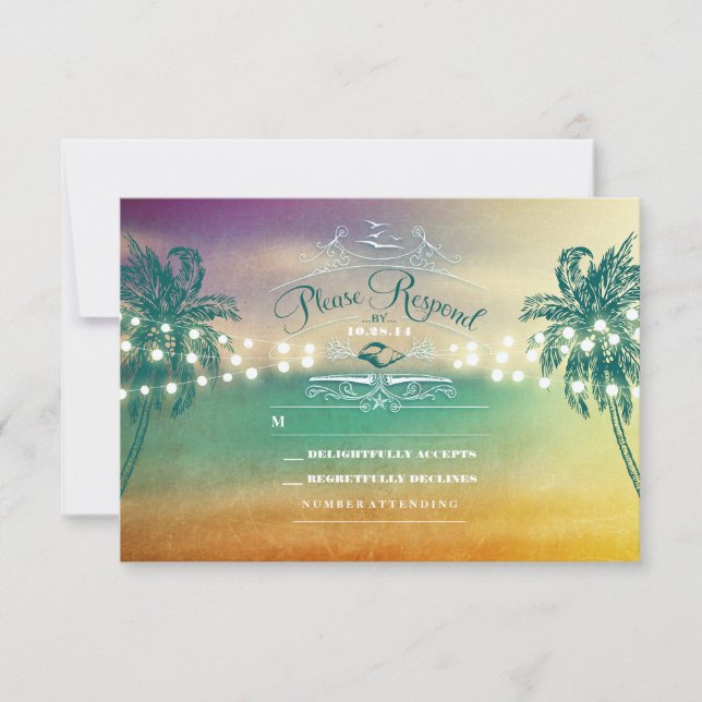 Palm trees string lights beach wedding RSVP cards (Front)
