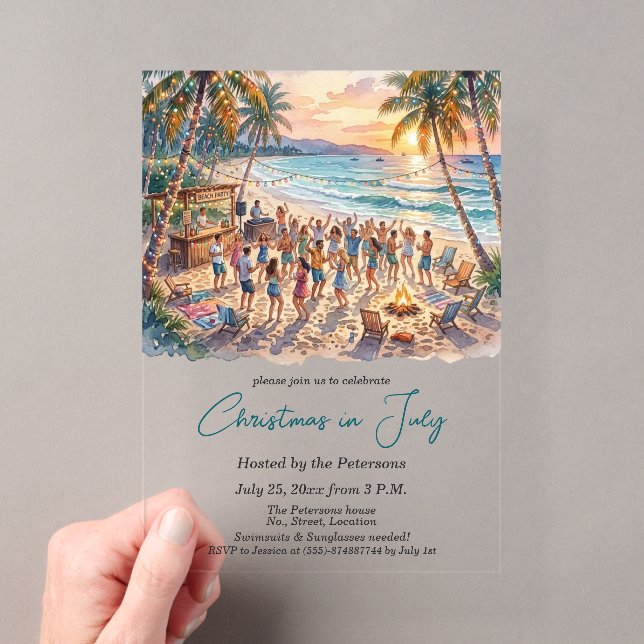 Palm Trees String Lights Party Christmas in July  Acrylic Invitations (Insitu (Handheld))