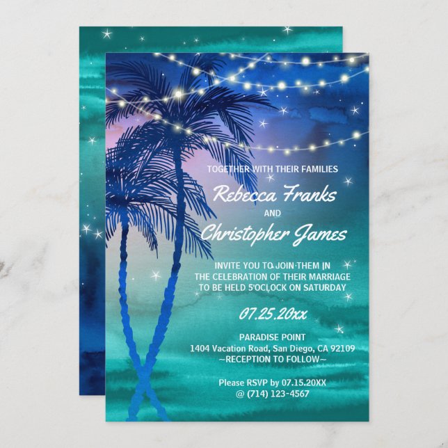 Palm Trees Strings of Lights Wedding Invitations (Front/Back)