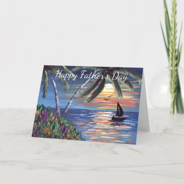 Palm Trees Sunset Ocean Painting Father's Day Card (Front)