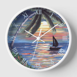 Palm Trees Sunset Ocean Roman Numbers Clock